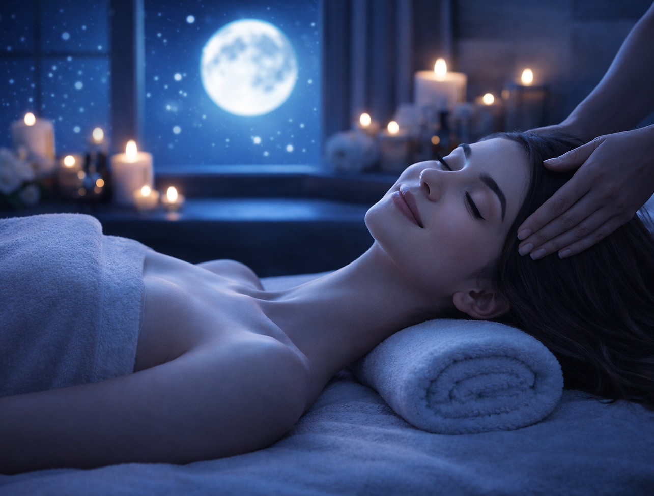 Spa head massage under moonlight with candles